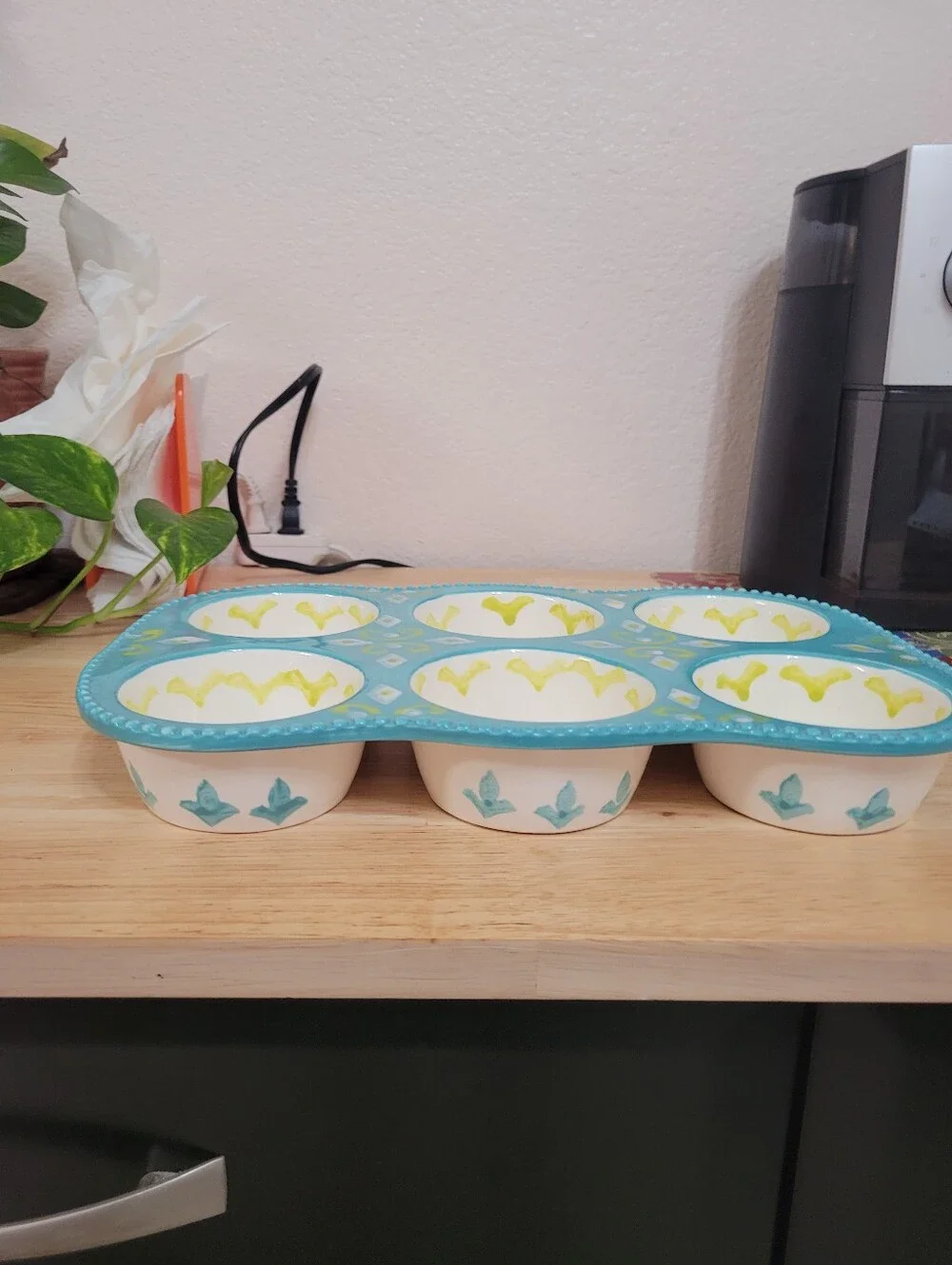 Dutch Wax by Coastline Hand Painted Ceramic 6 Cup Muffin Pan Turquoise